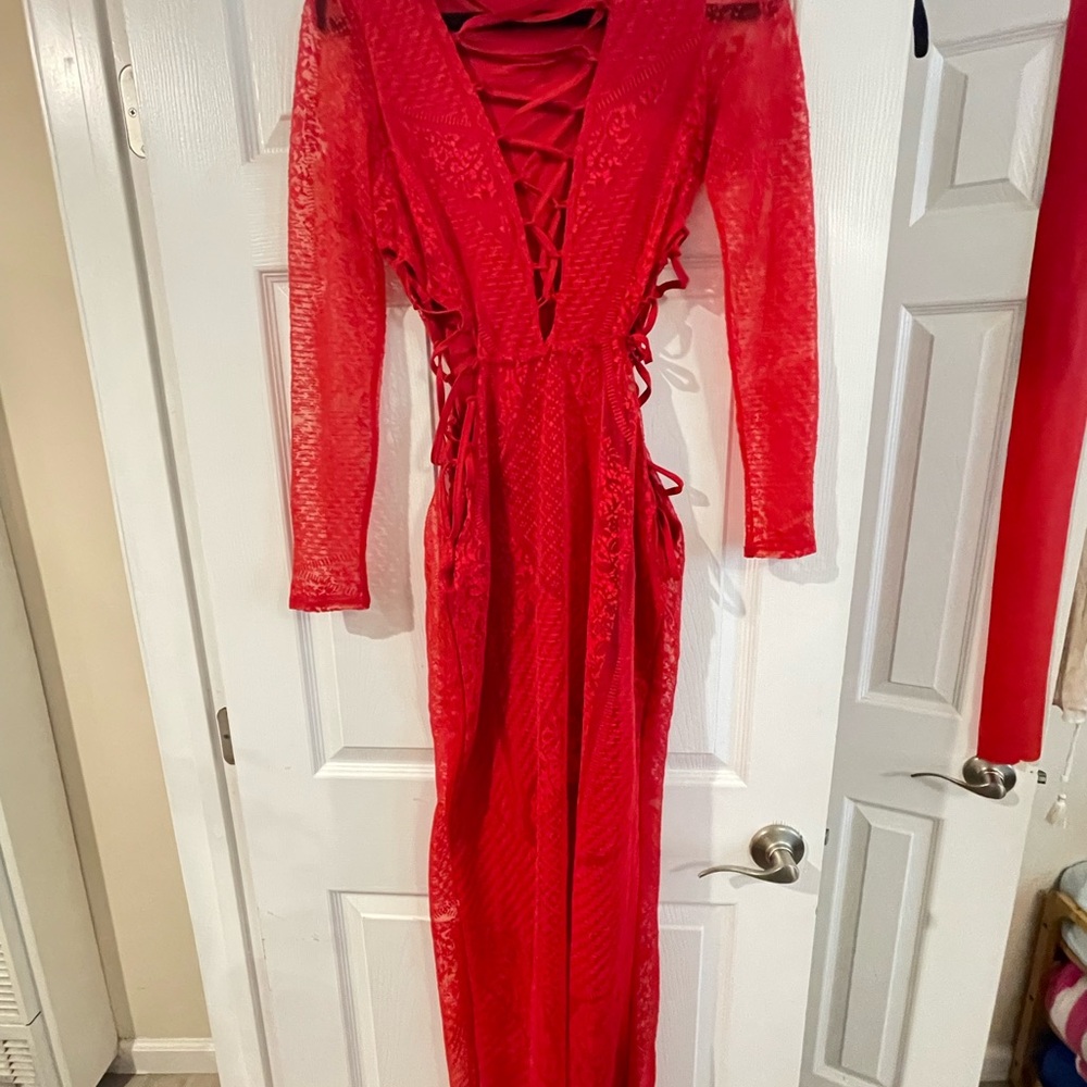 AFRM Red Lace-Up Long Sleeve Dress